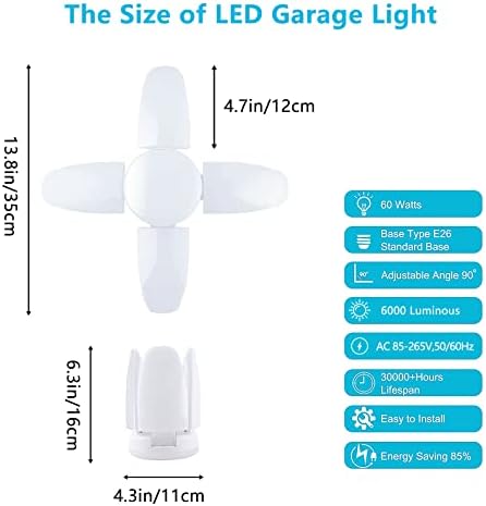 4 Paket LED garaj ışıkları, 6000 lümen garaj tavan lambası, 4 katlanabilir panelli 60W E26 LED mağaza ışıkları, Garaj, bodrum, depo,
