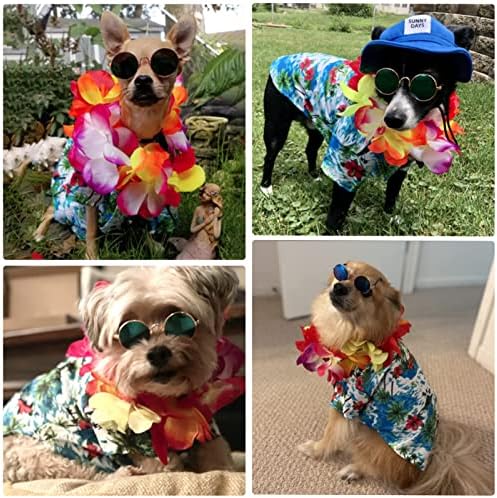 3 Adet Evcil Köpek Hawaii Kostümü, Yavru Köpeğin Havalı Tişörtleri Yazlık Giysiler, Komik Sevimli Köpek Retro Moda Güneş Gözlükleri