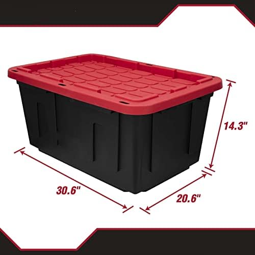 YCKJEN 27 Galon İstiflenebilir Geçmeli Kapaklı Plastik Saklama Kutusu Konteyner, Kırmızı Kapaklı Siyah, 4'lü Set