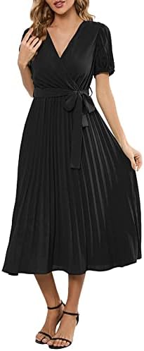 MIASHUI yaz elbisesi Kadın V Boyun Dantel Up Kısa Kollu Katı Pilili Elbiseler Pilili uzun elbise Bayan Plaj Elbise