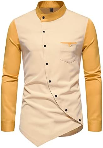 Maiyifu-GJ Erkekler Şık Rahat Elbise Gömlek Düzensiz Hem Slim Fit Düğme Aşağı Uzun Kollu Mandarin Yaka Gömlek Tops (Haki, XX-Large)