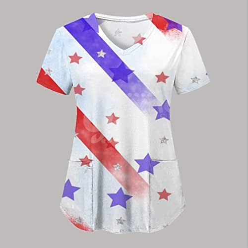 4th Temmuz T Shirt Kadınlar için Amerikan Bayrağı Yaz Kısa Kollu V Boyun T Shirt 2 Cepler Komik Tatil Rahat İş Giysisi