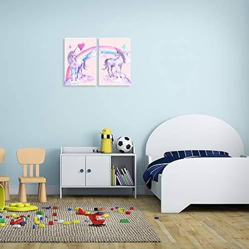 Mor Mine çiçeği Sanat gökkuşağı ünikorn duvar Sanatı Kız Odası için Tuval Boyama Gerilmiş ve Çerçeveli 16x24 İnç 2 Set Kreş Çocuk Çocuk