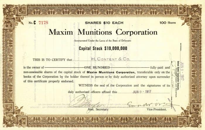 Maxim Munitions Corporation - Hiram Percy Maxim-Mühimmat Stok Sertifikası (Onaylanmamış)