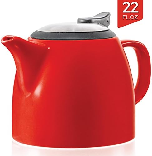 Tealyra-Drago Seramik Küçük Çaydanlık Kırmızı - 22oz (2-3 bardak)-Paslanmaz Çelik Kapaklı ve Gevşek Yaprak Çay için Ekstra İnce Demlik