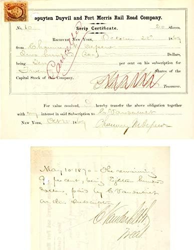 Spuyten Duyvil ve Port Morris Demiryolu Yolu A. Ş. cornelius Vanderbilt II ve Chauncey M. Depew tarafından imzalandı - Stok Sertifikası