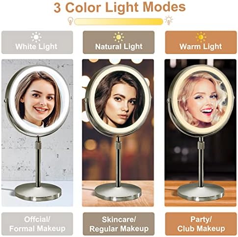 Furgatti Işıklı Makyaj Aynası, 3 Renkli ışıklı Makyaj Aynası,1x / 10x Büyütme, 4000 mAh Ayarlanabilir Yükseklik, Dokunmatik Kontrol