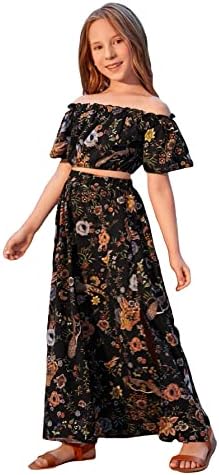 SOLY HUX kızın Çiçek Baskı Kapalı Omuz Kısa Kollu Mahsul Tops ve Bölünmüş Bir Çizgi Maxi Etek 2 Parça Kıyafet
