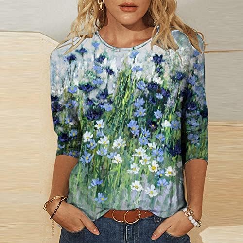Bayan Çiçek Baskı T-Shirt Rahat 3/4 Kollu Ekip Boyun Tüm Grafik Tees Çiçek Desen Kazak Tops