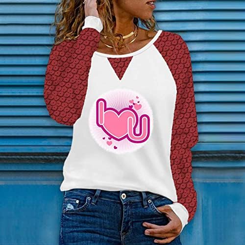 Sevimli Kalp Baskı Üstleri Kadınlar için Dantel Uzun Kollu Tee Gömlek Casual Gevşek Crewneck Tshirt Tığ İşi Dantel Sevgililer Bluzlar