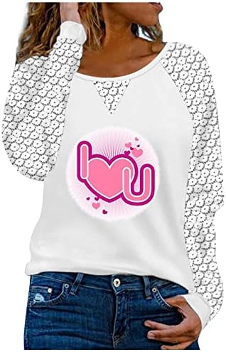 Sevimli Kalp Baskı Üstleri Kadınlar için Dantel Uzun Kollu Tee Gömlek Casual Gevşek Crewneck Tshirt Tığ İşi Dantel Sevgililer Bluzlar