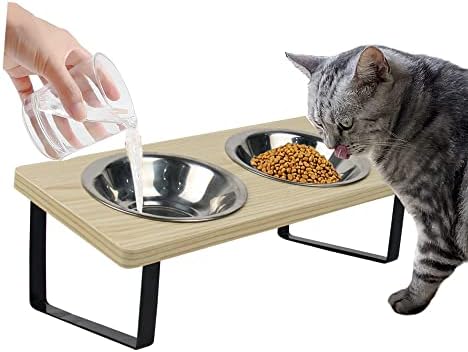 Yükseltilmiş Kedi Kaseleri, Küçük Köpek 15 ° Eğimli Yükseltilmiş Gıda Besleme Yemekleri, Katı ahşap Su Standı Besleyici Seti Kediler