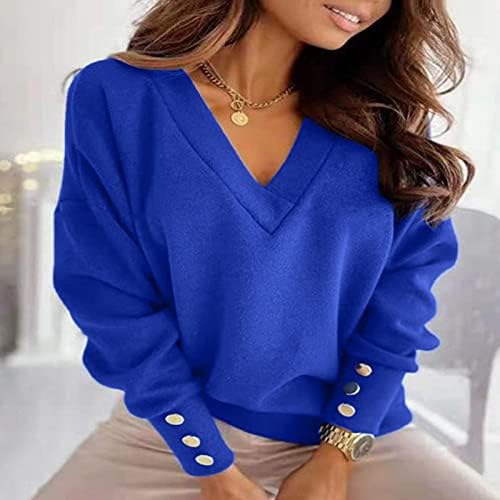 mmknlrm kadın Rahat Gevşek Kazak Düz Renk Bluz V Yaka Uzun Kollu Üst Çeyrek Zip Başparmak Delikleri (Mavi, XL)