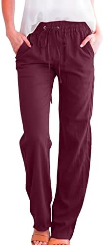 ETHKIA Keten Pantolon Kadınlar için Geniş Bacaklı Elastik Belli Şık Pamuk Keten İpli Pantolon Cepler ile Tayt Kızlar için