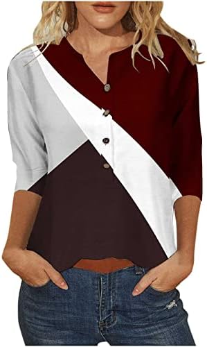 Bayan 3/4 Kollu Üstleri Baskılı T Shirt Yaz V Boyun Sevimli Henley Tshirt Gevşek Düğme T-Shirt V Boyun Bluzlar Tunik