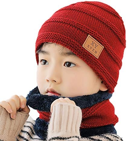 FABEILAI Çocuk Erkek Kız Pom Pom Kış Sıcak Örgü Bere Şapka Kap ve Eşarp Seti Polar Astar ile