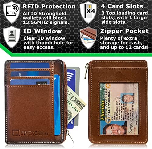 KIMLIK KALESİ RFID Ön cüzdan Mini Minimalist Cüzdan İnce Cüzdan Hakiki Deri Fermuarlı (Antika Kahverengi)