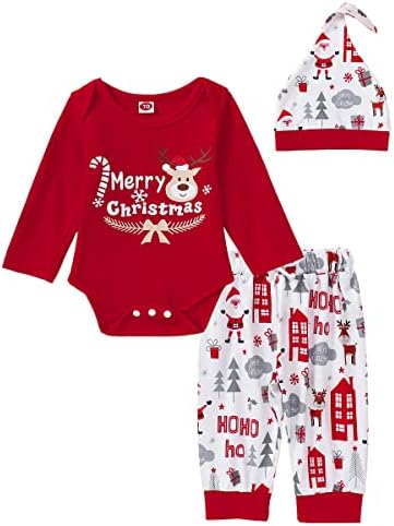 Bebek Bebek Kız Noel Uzun Kollu Kıyafet Benim İlk Noel Romper Ekose Pantolon Şapka Yenidoğan Giysileri Set