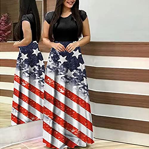 Kadınlar Uzun Maxi Elbise Çiçek Elbise Kısa Kollu Dikiş uzun elbise Bağımsızlık Günü Festivali Baskılı uzun elbise