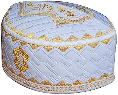 TheKufi ® Dokulu beyaz ve Altın işlemeli sandalet Kufi taç kap Müslüman şapka