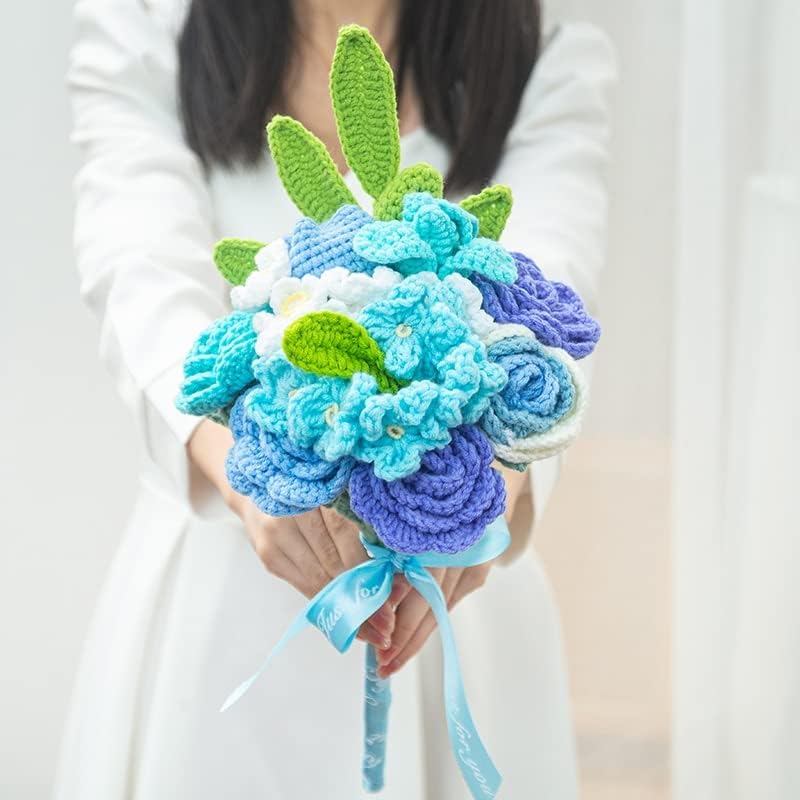 GRETD El-Tığ Işi Iplik Tutan buket çiçekler DIY Ölümsüz Çiçek Hediye El-Örme Ev Dekorasyon (Renk: Mavi, Boyutu: DIY Malzeme)