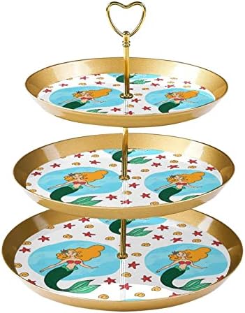 Lyetny 3 Katmanlı Tatlı Kek Standı Altın Cupcake Pasta Standı Çay Partisi, Düğün ve Doğum Günü, mermaid deniz denizyıldızı ve deniz
