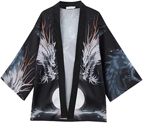 XXBR Japon Kimono Hırka Mens için, gevşek Açık Ön Dökümlü 3/4 Kollu hafif Ukiyoe Ejderha Baskı Rahat Pelerin T-Shirt ile Maç, veya