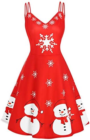 Xmas_Dress Kadınlar Vintage Kardan Adam Kar Tanesi Noel baskı V Yaka akşam parti elbise