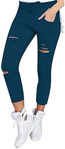 Andongnywell kadın Yırtık Pantolon İpli Yoga Egzersiz Sweatpants Düz Renk Streç Pantolon kalem pantolon
