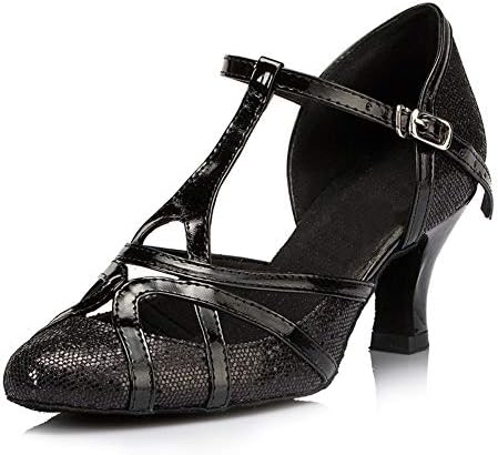 HİPPOSEUS kadın T-Kayışı Glitter Salsa Tango Balo Salonu Latin Düğün Dans Ayakkabıları Topuk 7 cm, Siyah, Model 2040, 5 B(M) ABD