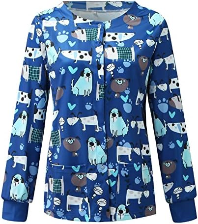 Nyybw Bluz Uzun T-Shirt Üniforma Çiçek Çalışma Hemşirelik Desen Kollu Üst O-Boyun kadın kadın Bluz Bluz (Gök Mavisi, M)