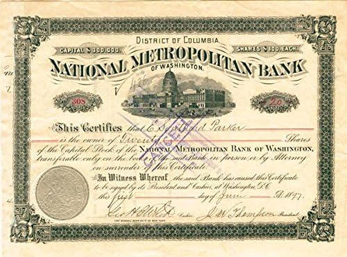Washington Ulusal Metropolitan Bankası - Hisse Senedi Sertifikası