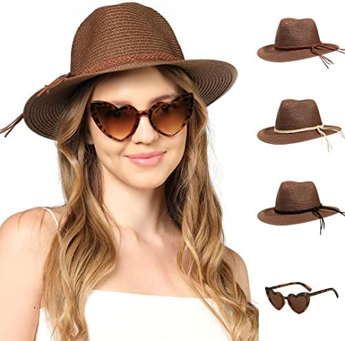 Funcredible plaj şapkaları Kadınlar için-Panama Hasır güneş şapkası ile Kalp Şekli Gözlük-Fedora Packable Seyahat Şapka UPF 50+