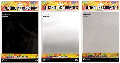 Tim Holtz Alkollü Mürekkep Kart Stoğu Yüzeyleri, 3 Renk Paketi, Mat Siyah, Fırçalanmış Gümüş, Gümüş Işıltı, Her Renkte 10 (5”x 7”)