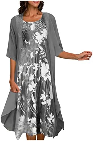Elbiseler Kadınlar için 2023 Gevşek Fit Scoop Boyun Şifon Çiçek Baskı Midi Elbise Kokteyl 2 Parça Ceket Elbise Seti
