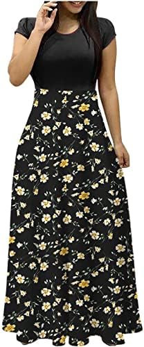 Kadınlar için yaz Elbiseler 2023 Moda Boho Çiçek Maxi Elbise İnce O-boyun Kısa Kollu Rahat Uzun Salıncak Sundress