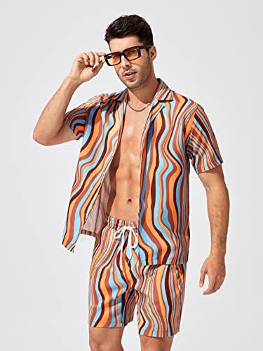 OSHHO İki Parçalı Kıyafetler Erkekler için Erkekler Dalga Çizgili Baskı Gömlek ve İpli Bel Şort (Renk: Çok Renkli, Boyut: Orta)