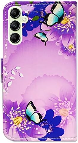 Bcov Galaxy A14 5G Durumda, mor Çiçek Kelebek Deri Flip Telefon Kılıfı Cüzdan Kapak için Kart Yuvası Tutucu Kickstand ile Samsung Galaxy