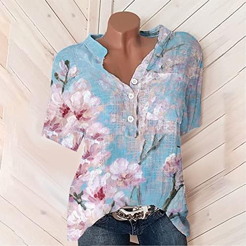 pbnbp Bayan Kısa Kollu yazlık gömlek Çiçek Şık Tunik Üstleri Cepler Yakalı Günlük Gevşek Fit Düğmeler V Boyun T Shirt